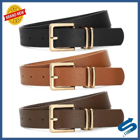 3-Pack Faux Leather Belts with Gold Square Buckle for Women